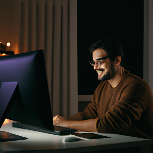 אדם יושב ליד שולחן העבודה שלו בבית, גולש בקורסים מקוונים במחשב שלו.