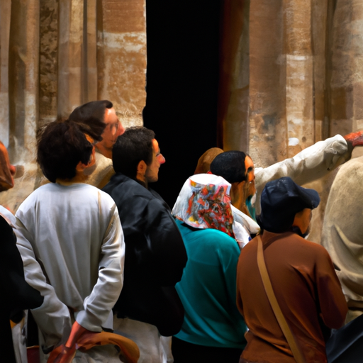 1. An image depicting a group of pilgrims attentively listening to a guide in front of the Church of the Holy Sepulchre.