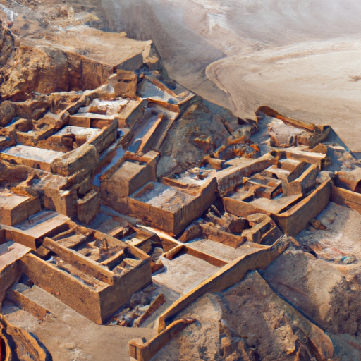 3. An aerial view of Masada's ruins, showing the isolated fortress atop the flat-topped mountain.