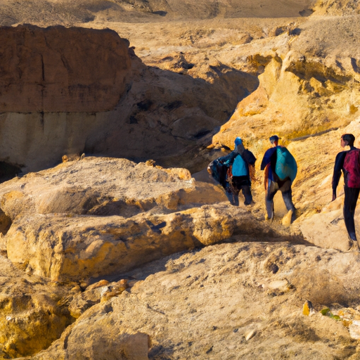 A group of tourists following a guide through the rocky terrains of the Negev Desert
